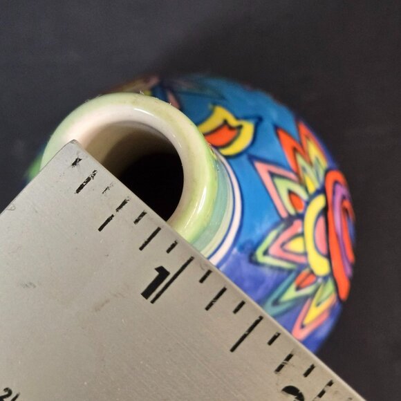 Hand-Painted Ceramic Bud Vase Green Tilted Neck Whimsical Colorful Floral Design - Picture 8 of 10